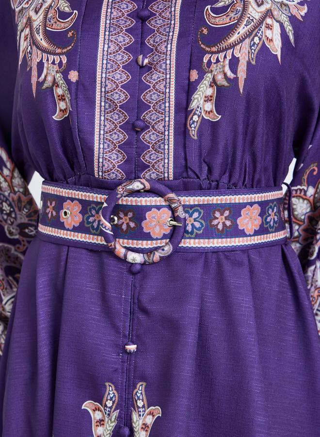 ستايلي فستان ميدي بنمط قميص وحزام وطبعة للنساء - Image 3